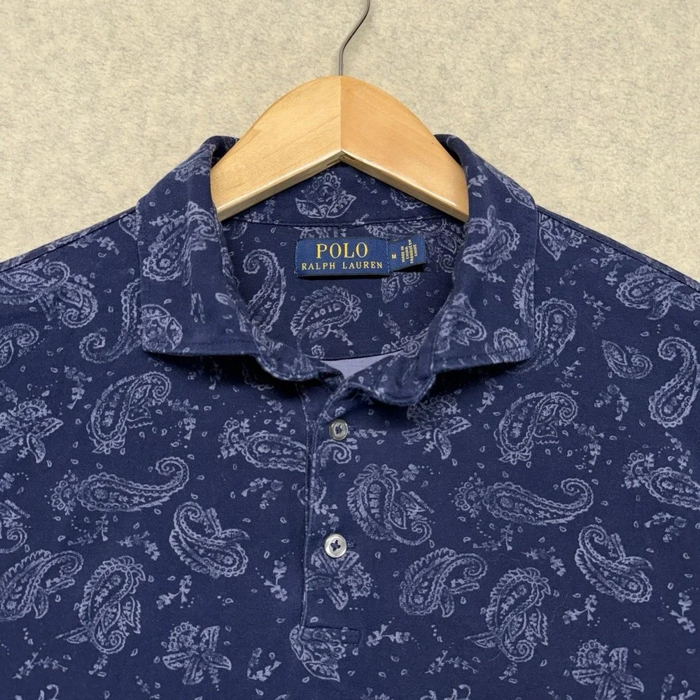 Polo Ralph Lauren Polo Shirt Mens Medium Navy Paisley Print Short Sleeve